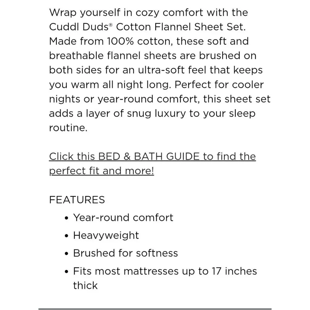 Cuddl Duds Queen Flannel Sheet Set 100% Cotton